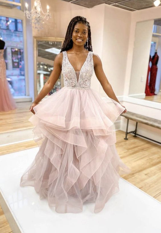 Stilvolles Ballkleid mit V-Ausschnitt und Tüllperlen, Abendkleid cg13581