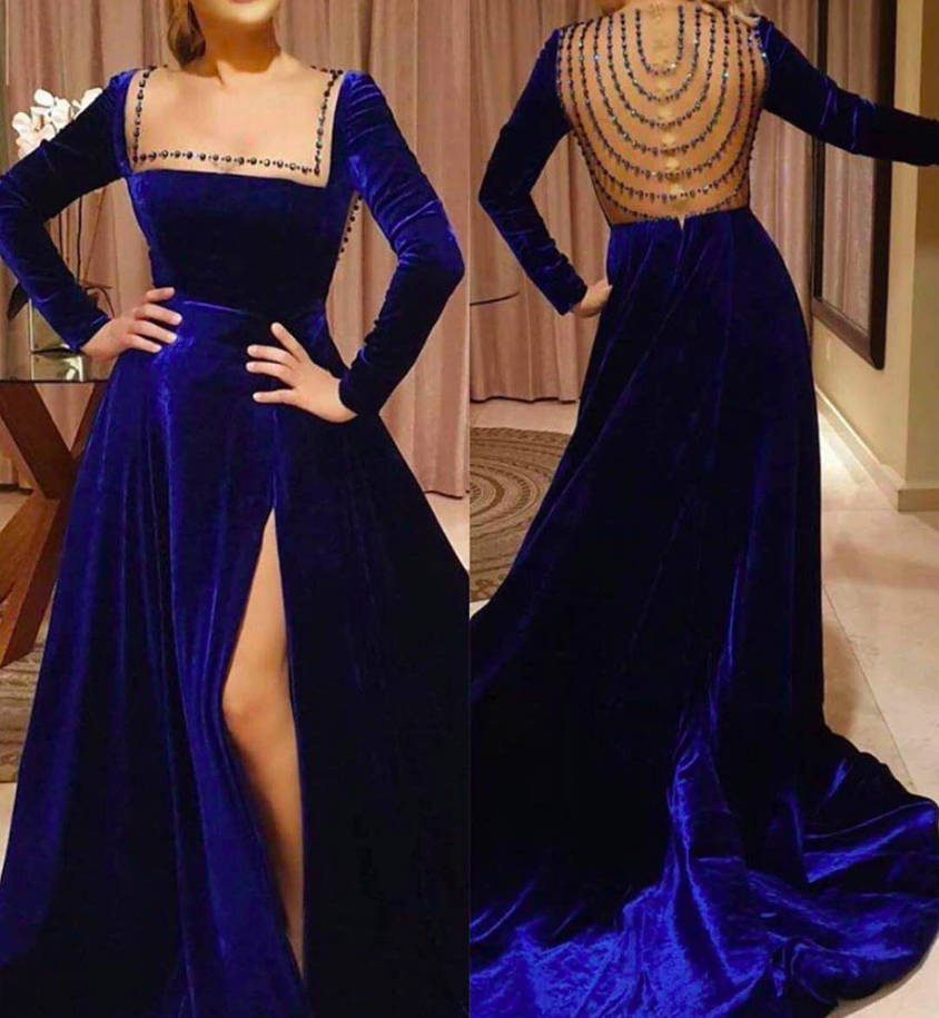 royal blue prom dresses 2020 square neckline beading crystal rhinestone velvet side slit evening dresses cg13590