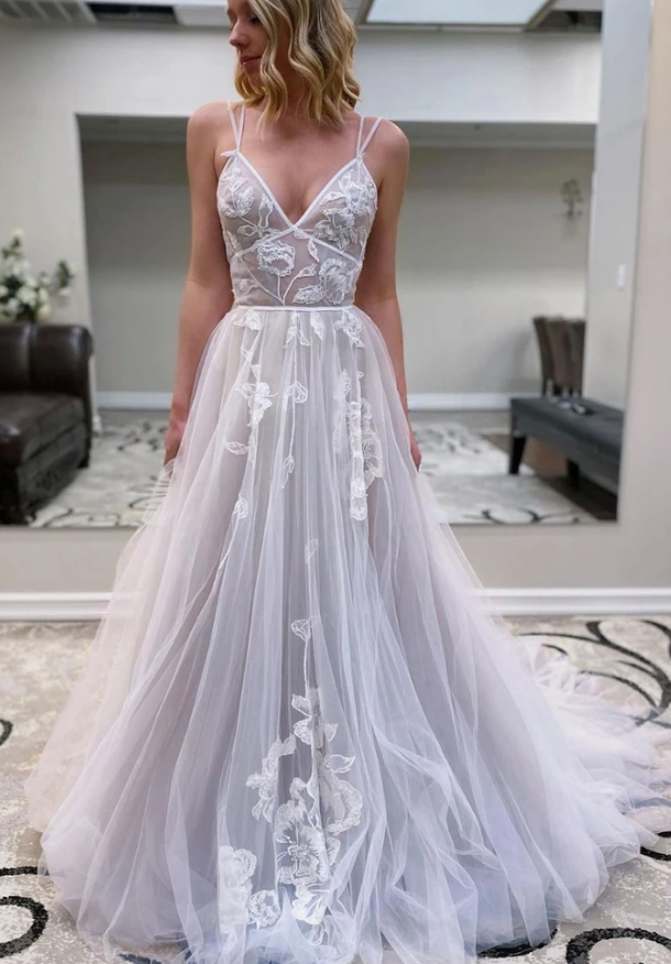 GRAY V NECK TULLE LACE LONG PROM DRESS GRAY TULLE EVENING DRESS cg13607