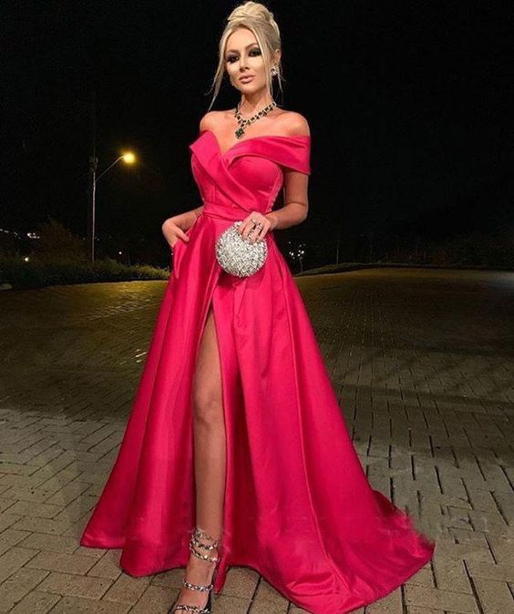 Off the Shoulder Red Slit Side Prom Dresses cg13610