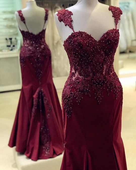 Beaded Lace Spaghetti Straps Sweetheart Satin Floor Length Mermaid Evening prom Gowns cg13622