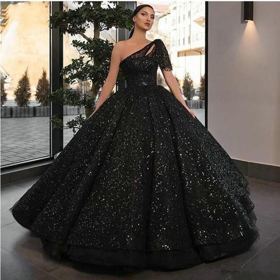 2021 Sparkly Glitter Sequin Prom Dresses One Shoulder Black Ball Gown Beads Evening Gowns cg13623