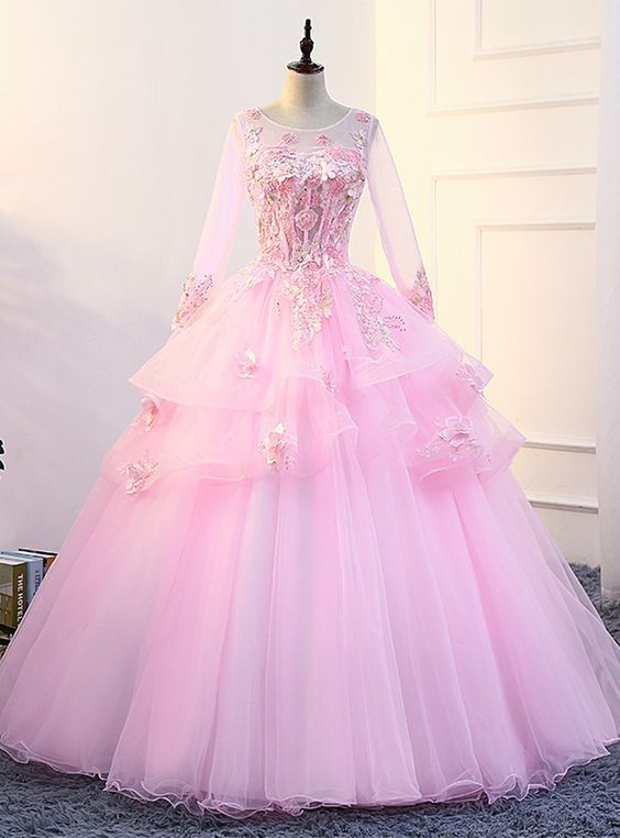 Pink Long Sleeve Quinceanera Dresses Prom Dress With Sleeve cg13625