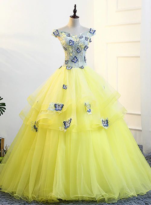 Gelber Tüll Off The Shoulder Schmetterling Applikationen Quinceanera Ballkleider cg13626