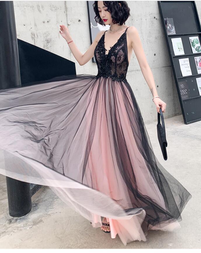 Fashionable Pink And Black Tulle V-Neckline Party prom Dress, Pink Lace Applique Evening Gown cg13634