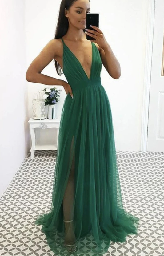 Sexy V-Ausschnitt Grünes Tüll Langes Ballkleid, V-Ausschnitt Grünes Formales Kleid, Grünes Abendkleid cg13642
