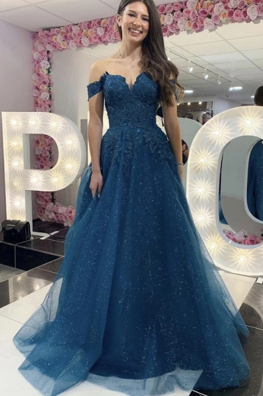 Glänzendes, schulterfreies, langes Ballkleid aus blauer Spitze, schulterfreies, formelles Kleid aus blauer Spitze cg13644