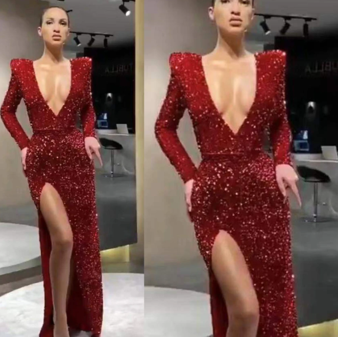sequins prom dresses 2020 deep v neck long sleeve side slit mermaid evening dresses formal dresses cg13648