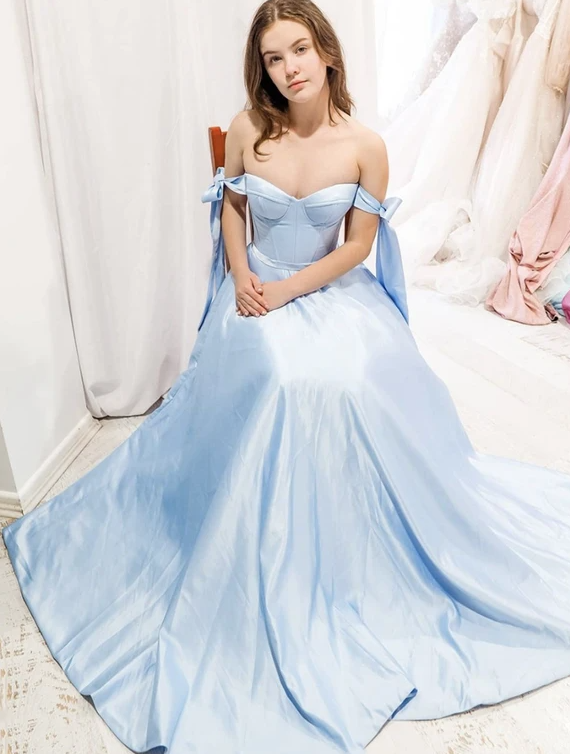 Blue satin long prom dress blue evening dress cg13662