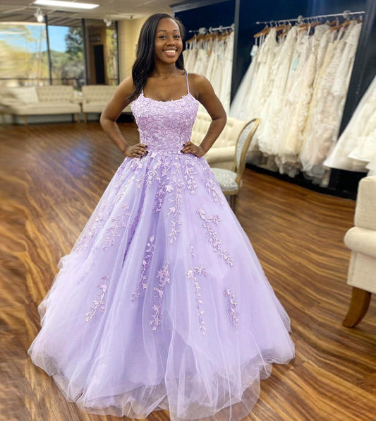 Lila Tüll Spitze Langes Ballkleid Abendkleid cg13663