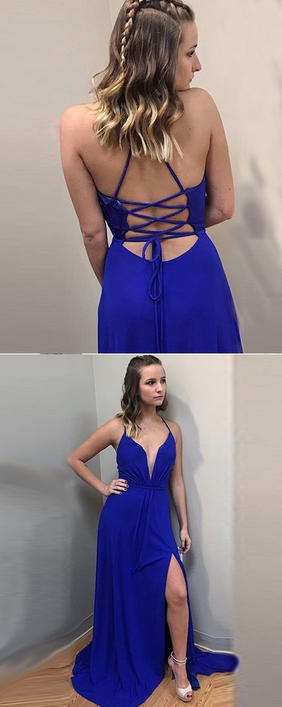 Long Blue Chiffon Spaghetti Ruched Prom Dress with Front Slit cg13671