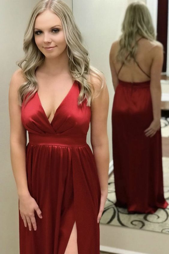 A-Line Silk Satin V Neck Sexy Prom Dresses Side Slit cg13673