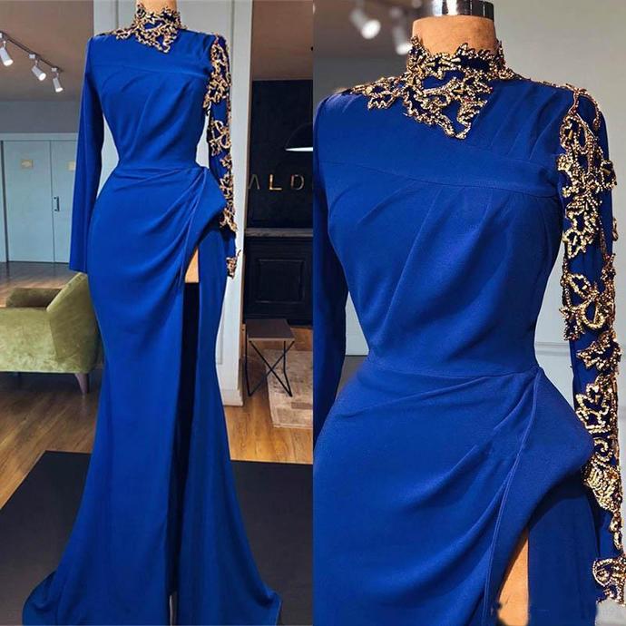 Royal Blue Mermaid Prom Dresses High Neck Long Sleeves Side Split Gold Appliques Evening Gowns cg13684