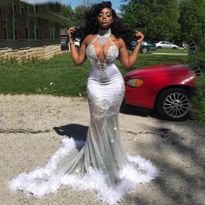 African Prom Dresses High Neck Sheer Neckline Mermaid Evening Gowns See Through Feather Appliques Lace cg13691
