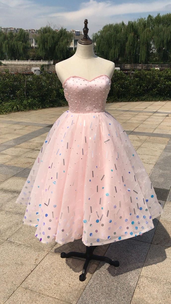 Sweetheart baby pink tea length ball skirt tutu prom dress sequins handmade beaded cg13695