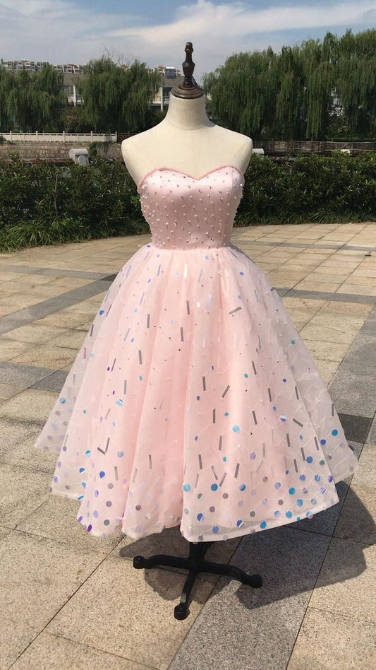 Herzförmiger, babyrosa, teelanger Ballrock, Tutu, Ballkleid, Pailletten, handgefertigt, Perlen, cg13695