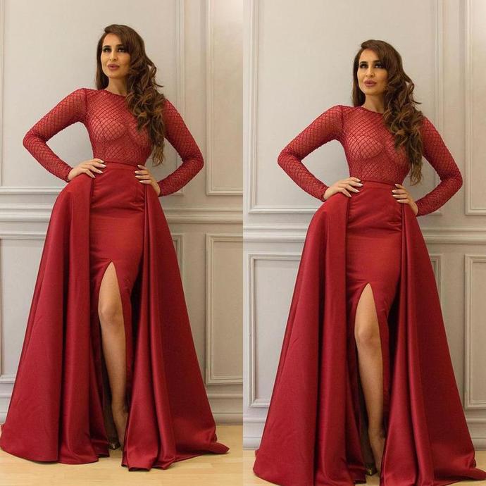 red prom dresses 2020 long sleeve side slit detachable skirt satin evening dresses arabic formal dresses cg13697