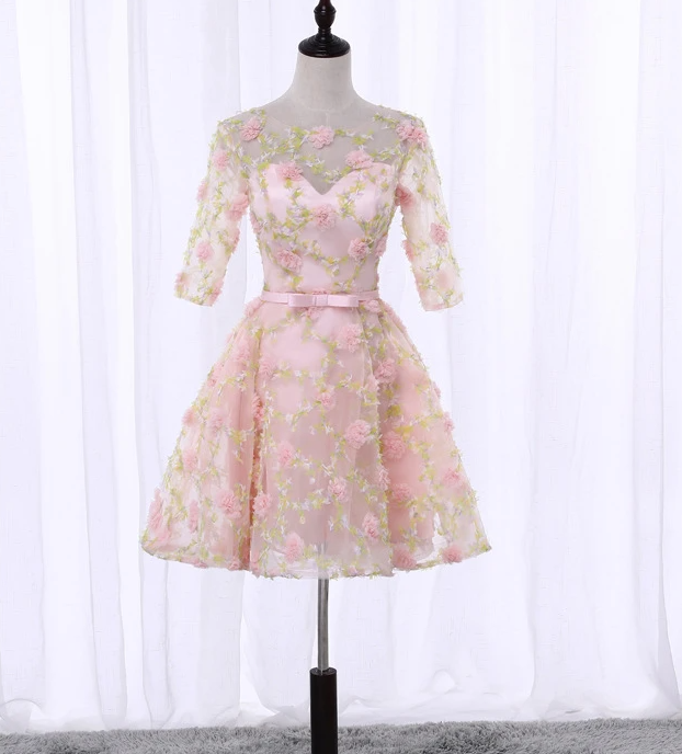 Cute Flowers Short Tulle Pink Party Dress, 3D Flowers Short Homecoming Dress cg13702