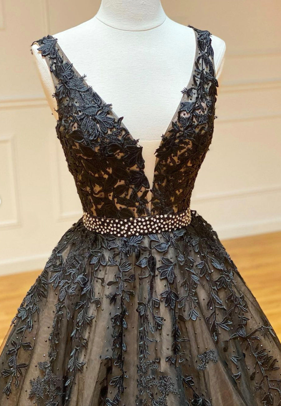 BLACK LACE LONG PROM DRESS A LINE EVENING DRESS cg13706