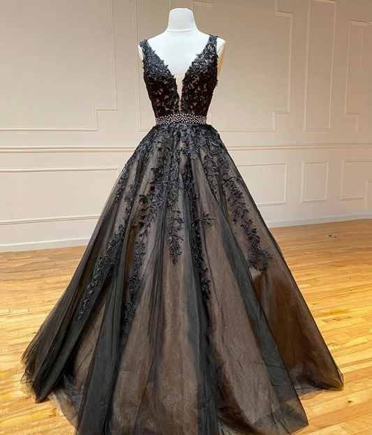 LANGES BALLKLEID AUS SCHWARZER SPITZE, A-LINIE, ABENDKLEID, cg13706
