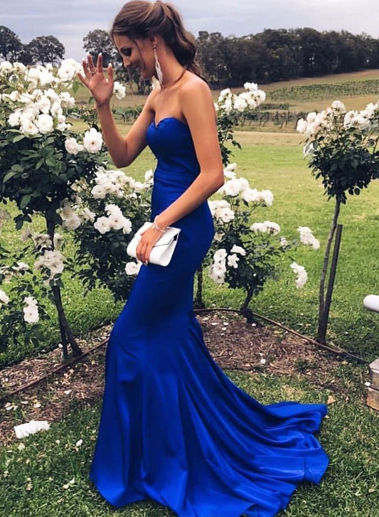 Schlichtes langes Ballkleid aus blauem Satin, Meerjungfrau-Abendkleid cg1371