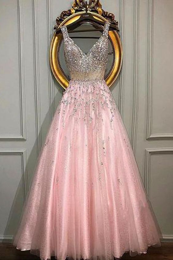 Unique Pink V Neck Custom Size A Line Sweet Prom Dress With Beading cg13716