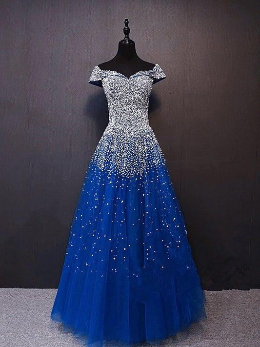 Glamouröses, königsblaues, langes Ballkleid mit Pailletten, schulterfreies A-Linien-Abendkleid, cg13726
