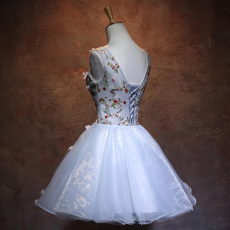 Blue Organza V-Neckline Flowers Party Dress, Blue Short Dress Homecoming Dress cg13727