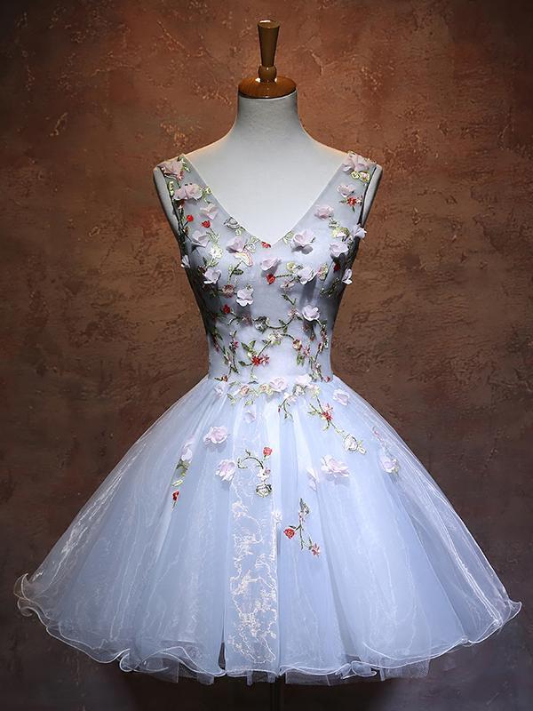 Blue Organza V-Neckline Flowers Party Dress, Blue Short Dress Homecoming Dress cg13727