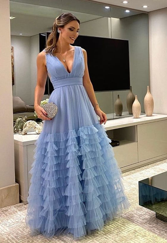 Blaues langes Ballkleid in A-Linie mit V-Ausschnitt, cg13738