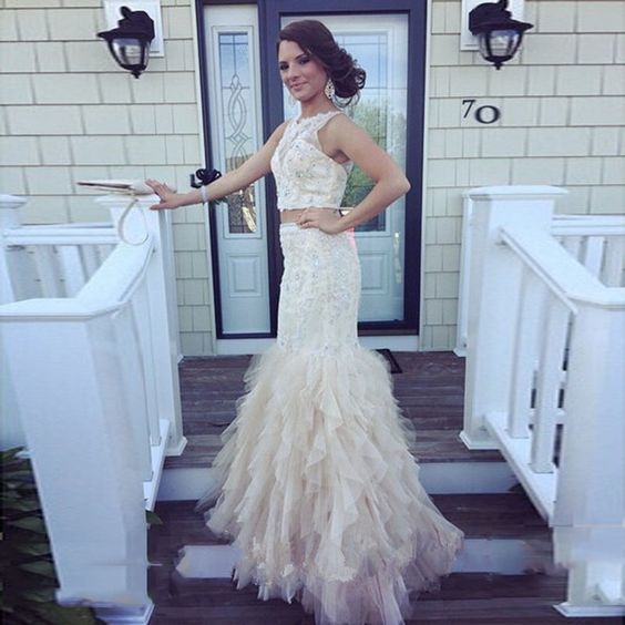 2 Pieces Prom Dresses O Neck Sleeveless Sexy Sequin Appliques Beaded Mermaid Party Evening Gown cg13747
