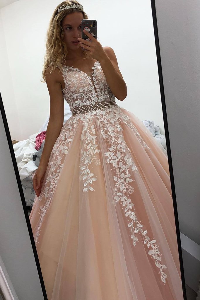 A Line V Neck Open Back Pink Lace Appliques Long Prom Dress cg13753