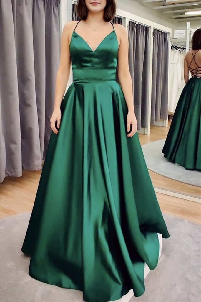A Line V Neck Floor Length Backless Emerald Green Satin Long Prom Dress cg13754