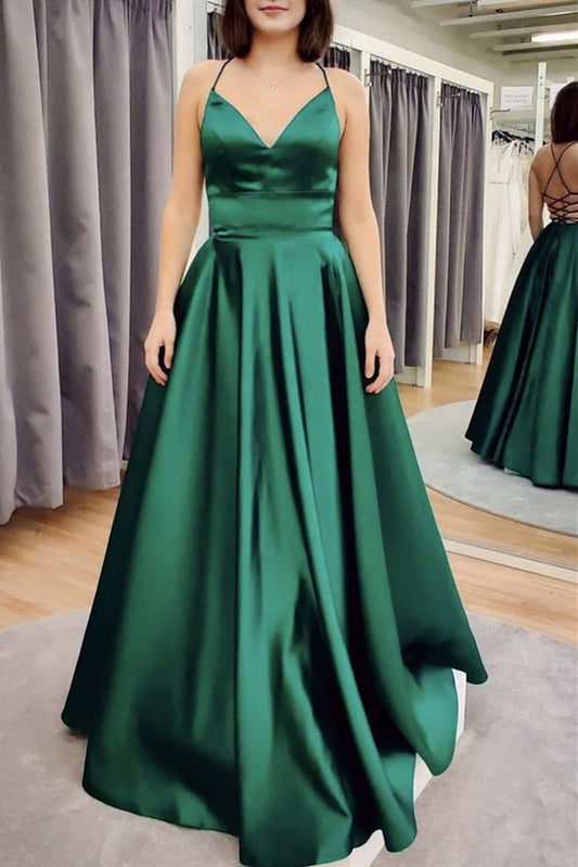 A-Linie V-Ausschnitt Bodenlanges rückenfreies smaragdgrünes langes Satin-Ballkleid cg13754