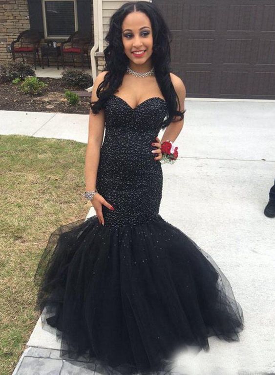 2020 Sweetheart Black Mermaid Beaded Prom Dresses cg13768