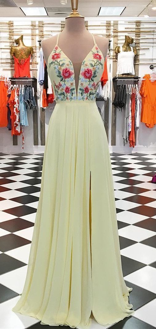 Wunderschönes, maßgeschneidertes, gelbes, langes Ballkleid mit Blumenstickerei cg13771