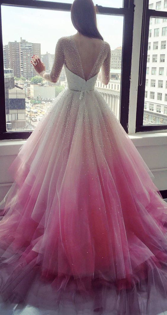 Funkelnde Perlenbesetzte Langarm-Brautkleider mit Ombre-Muster und mehrlagigem Brautkleid cg13775