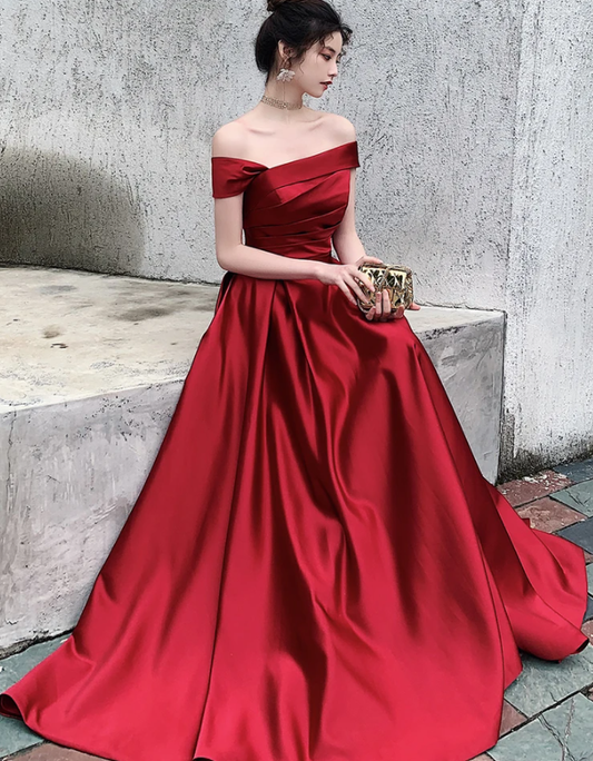 Rotes Satin Off Shoulder Modisches Langes Ballkleid, Neues Partykleid cg13784
