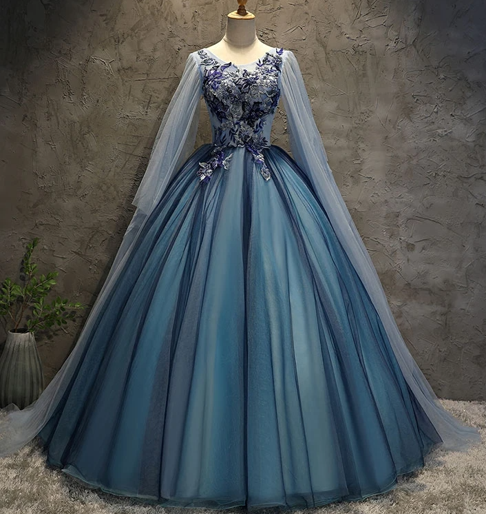 Blue Tulle Ball Gown Long Sweet 16 Dress With Lace Applique, Prom Dres classygown Blue Tulle Ball Gown Long Sweet 16 Dress With Lace Applique, Prom Dres classygown