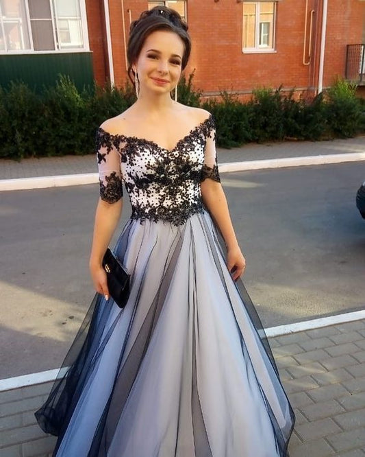 Schwarz/Weißes Ballkleid, Tüll-Brautkleider, Schulterfreie Ballkleider, Ballkleid mit Applikationen cg13790
