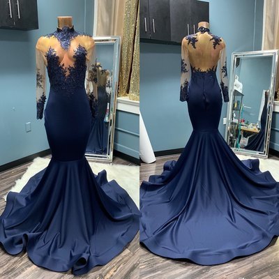Sexy Long Sleeves Mermaid Navy Blue Evening prom Dress cg13799