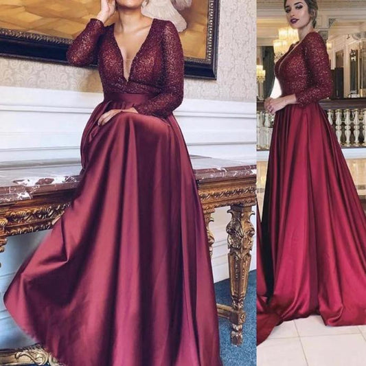 burgunderrote Ballkleider 2020 tiefer V-Ausschnitt Pailletten Satin rote langärmelige Abendkleider cg13803