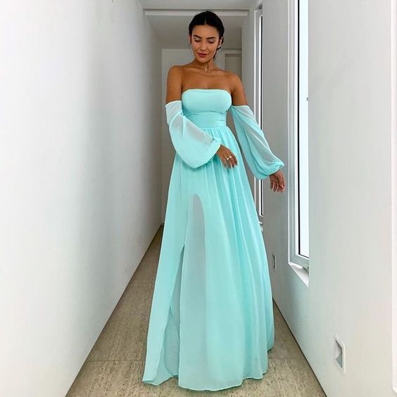 Light Blue Long Sleeve Evening Dress Off Shoulder Chiffon Plus Size Fl classygown Light Blue Long Sleeve Evening Dress Off Shoulder Chiffon Plus Size Fl classygown