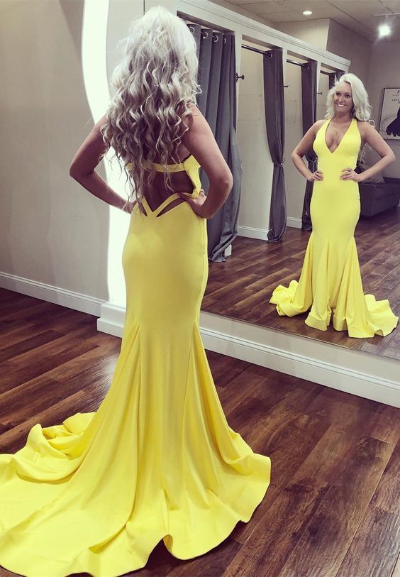 Gorgeous V Neck Yellow Mermaid Long Evening Dress Prom Dresses cg13891