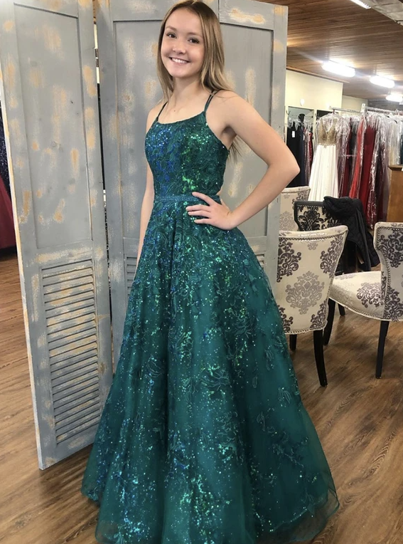 Green tulle sequins long prom dress evening dress cg13897