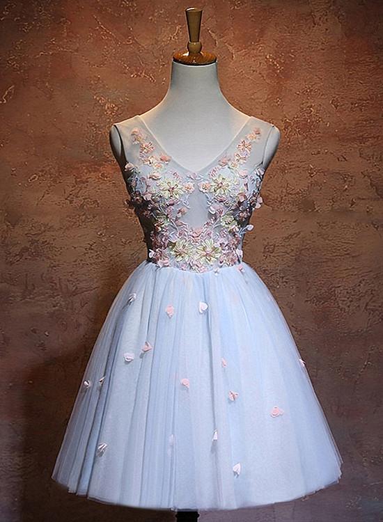Blue Flowers A-Line Short Tulle Wedding Party Dress, Blue Homecoming Dress cg13898