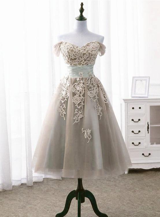 Light Champagne Vintage Style Tea Length Off Shoulder Party Dress, Bridesmaid Dress Homecoming Dress cg13899