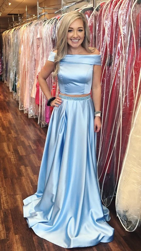 Two Piece Off Shoulder Green Long Prom Dress with Pockets cg13906