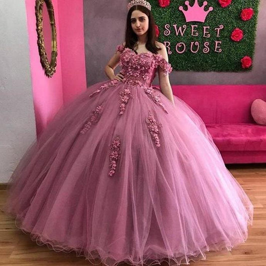 prom dresses 2021 off the shoulder sweetheart neckline hand made flowers lace ball gown   cg13919