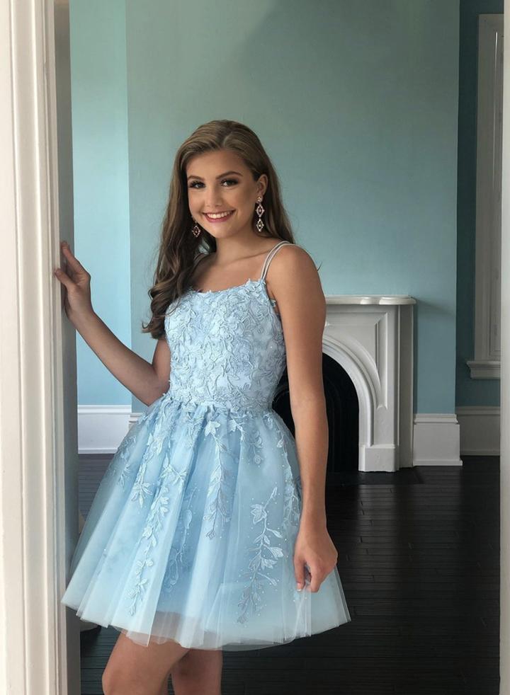 Blue tulle lace short dress homecoming dress cg13924